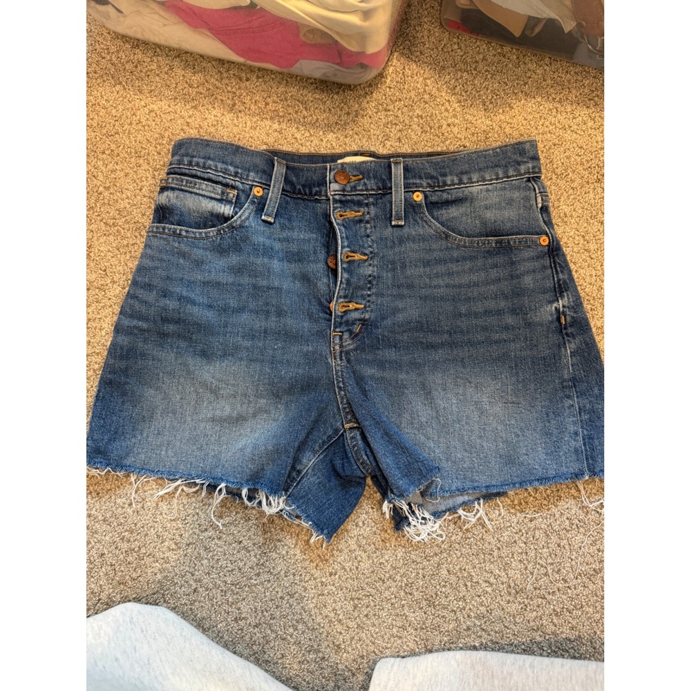 Madewell High Rise Denim Shorts Medium Wash Button Fly Raw Hem Size 28